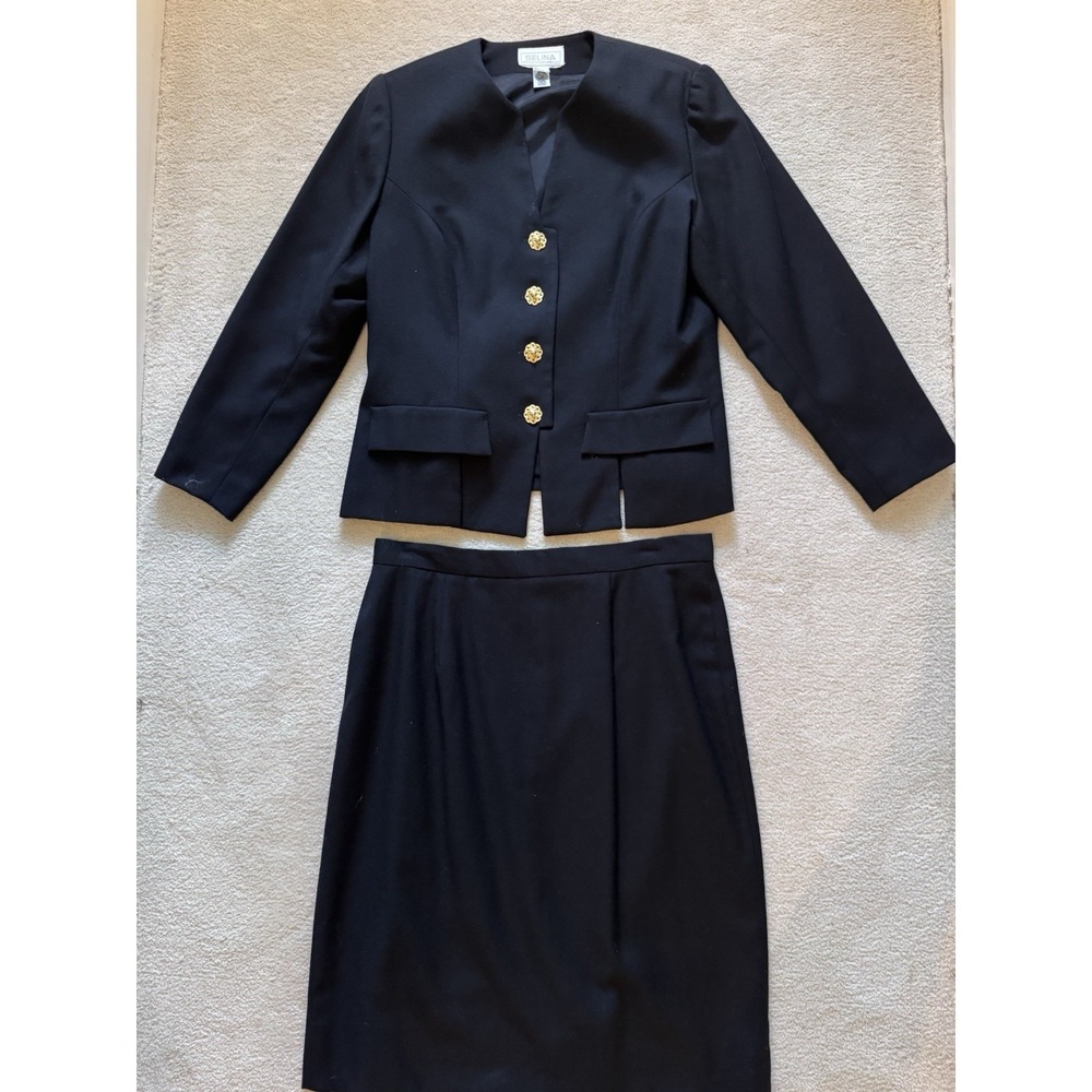 Selina Pure Virgin Wool Black Skirt Suit Gold Buttons Size 12 Vintage
